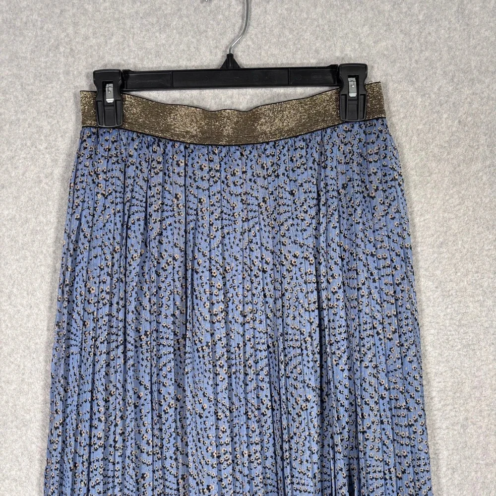 Rue de Femme Pleated Midi Skirt Small Blue Floral Flowy Gold Metallic Feminine‎